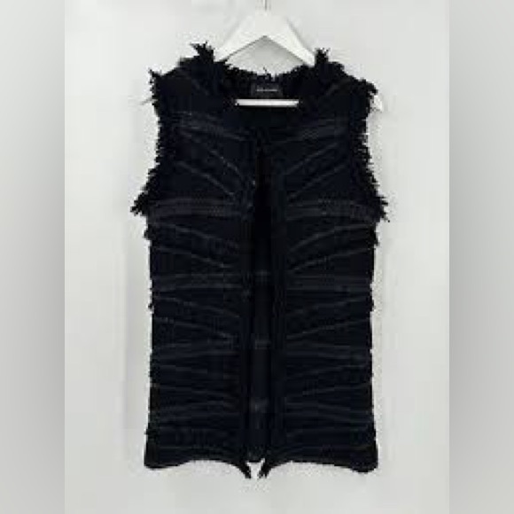 St. John wool black fringe sleeveless cardigan small - Picture 1 of 7